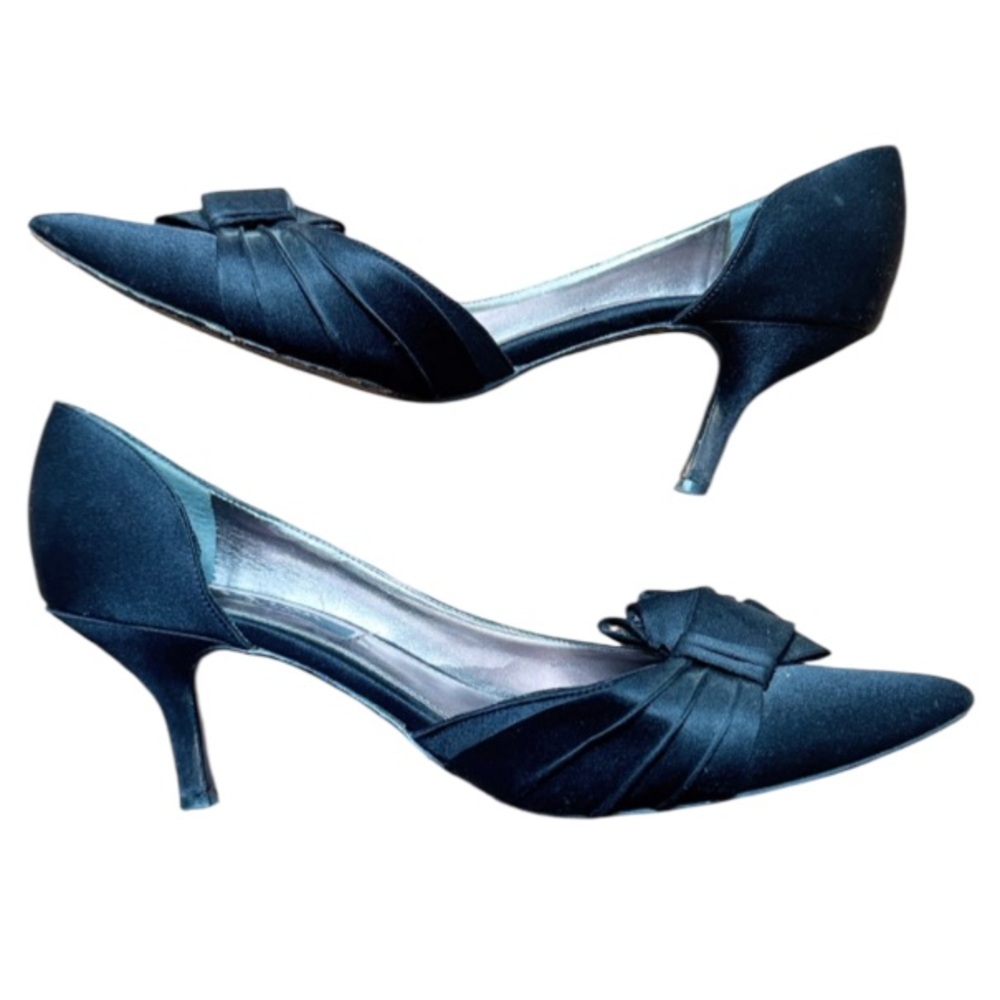 Nina Blakely Half D’Orsay black satin pointed toe bow 3” heels pumps size 8.5